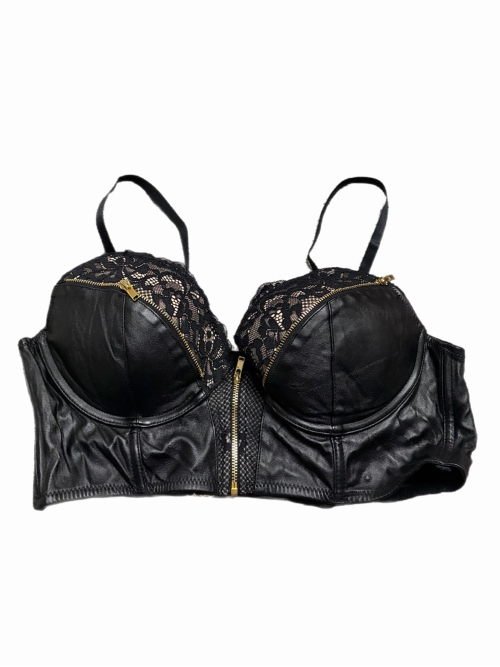 90s European Vintage Faux Leather Zipper Goth Corset Top (Black) Size 36C/L
